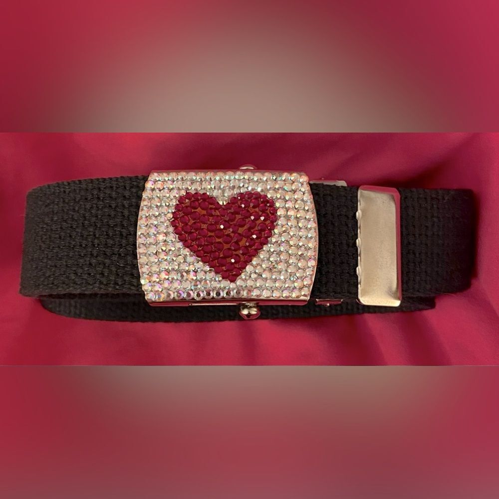 Vtg Paige Roberts Heart Rhinestone on Silver Tone Buckle Black Belt New Boutique